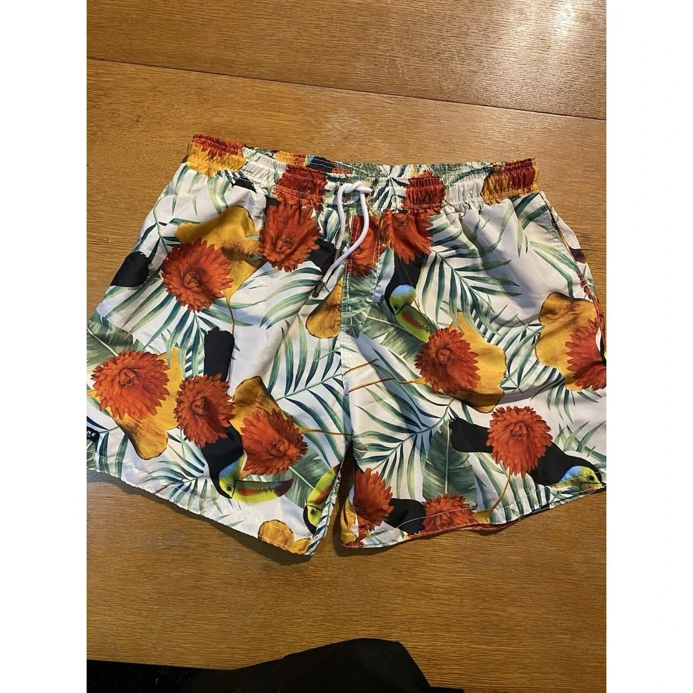 Tropical Toucans Palm Frans‎ Flowers Lined Swim Trunks Men's 32x7 Mahamaha